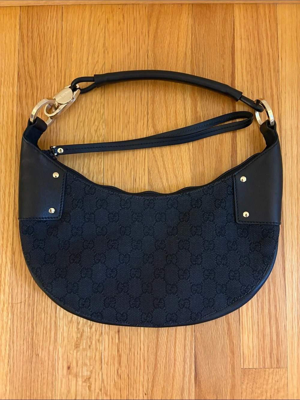 Gucci GG Canvas Half Moon Hobo Shoulder Bag Black Leather Trim